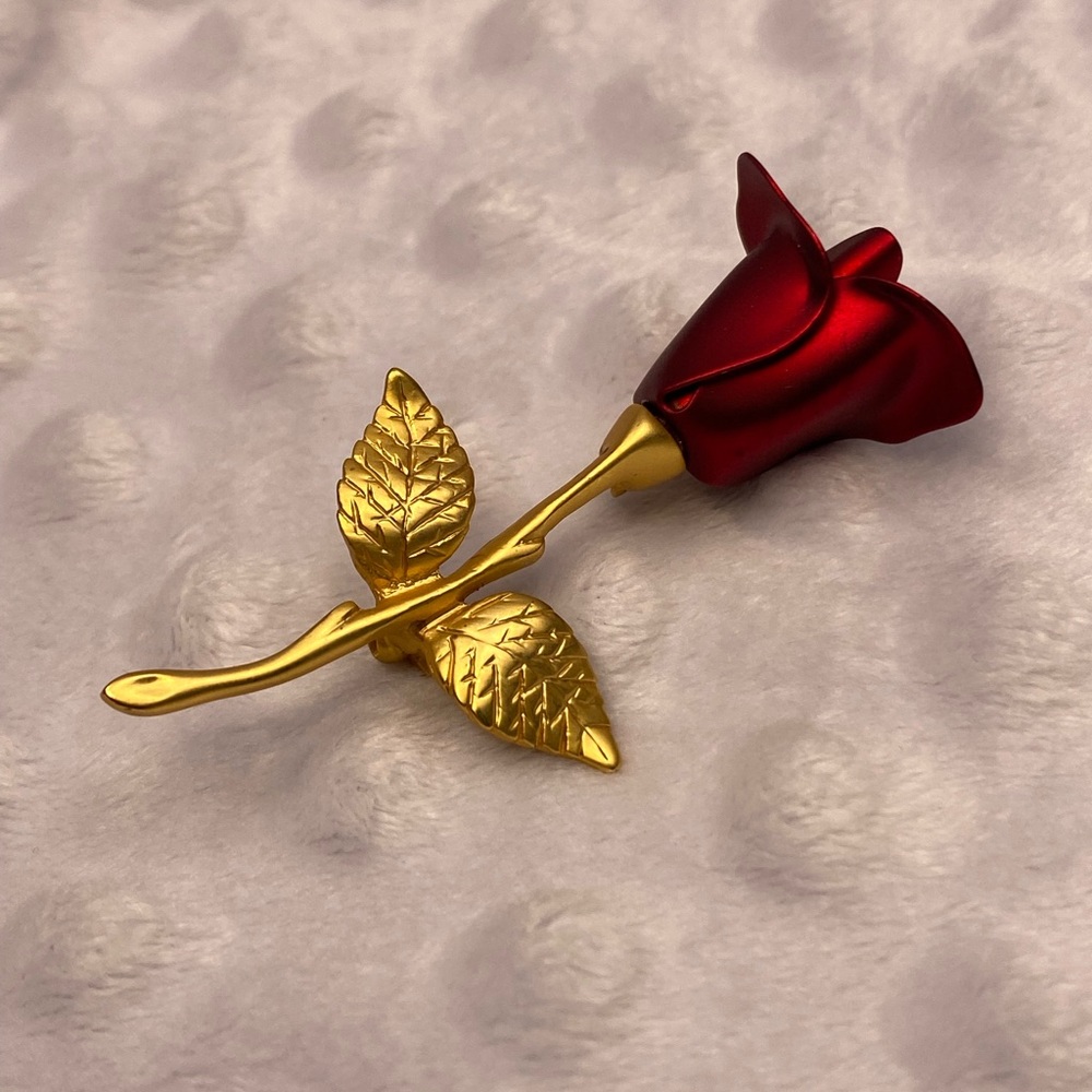 Vintage Red Rose Brooch with Gold Stem and Two Leaves
